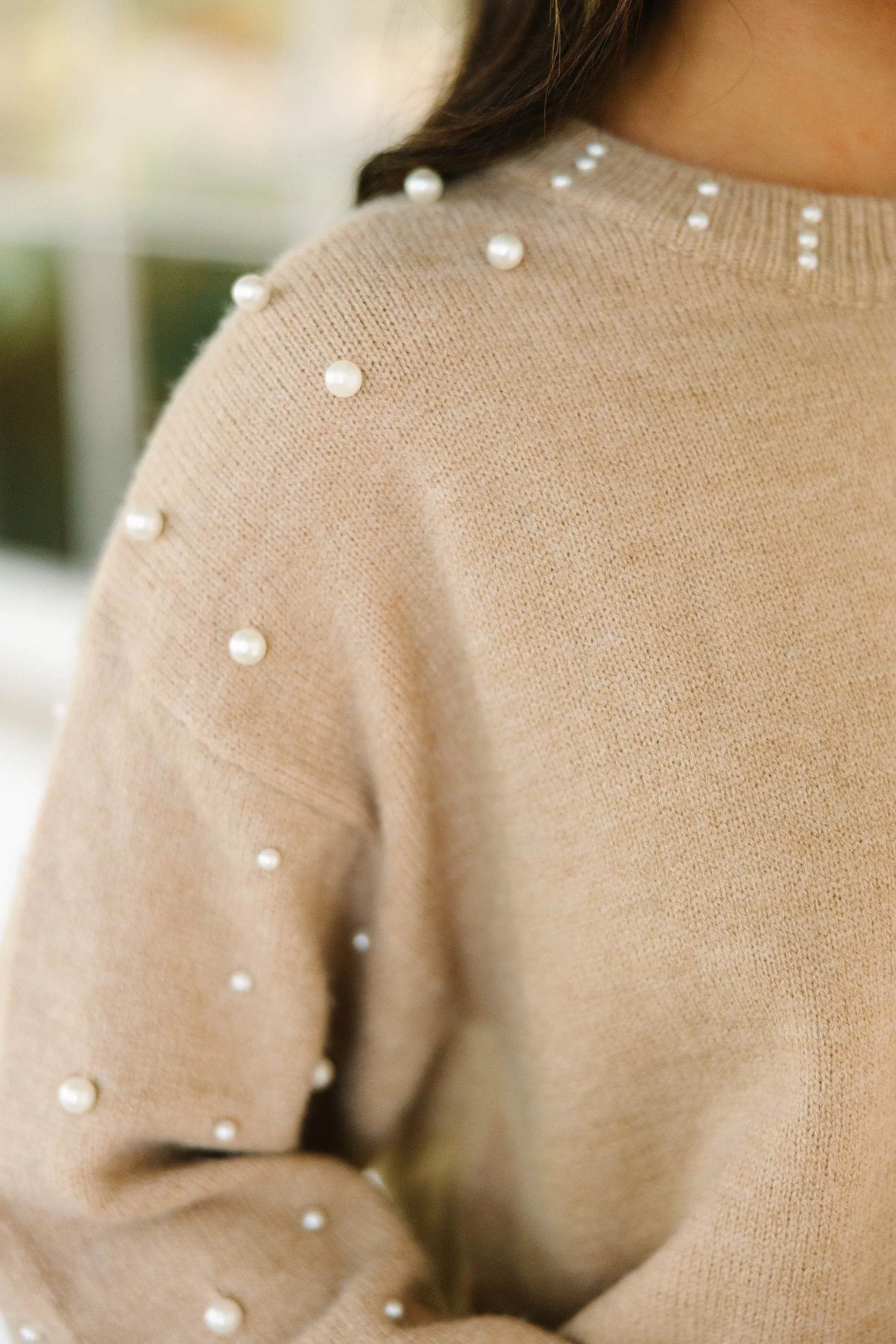 Can't Help But Love Latte Brown Pearl Studded Sweater