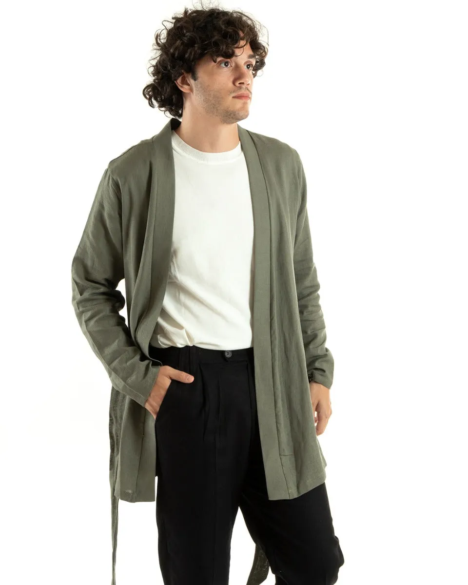 Cardigan Uomo Maglia Maglioncino Lino Kimono Con Cintura Tinta Unita Verde GIOSAL-M2659A