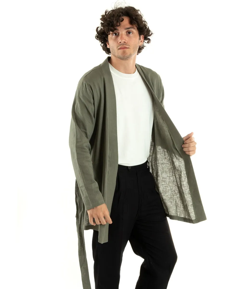 Cardigan Uomo Maglia Maglioncino Lino Kimono Con Cintura Tinta Unita Verde GIOSAL-M2659A