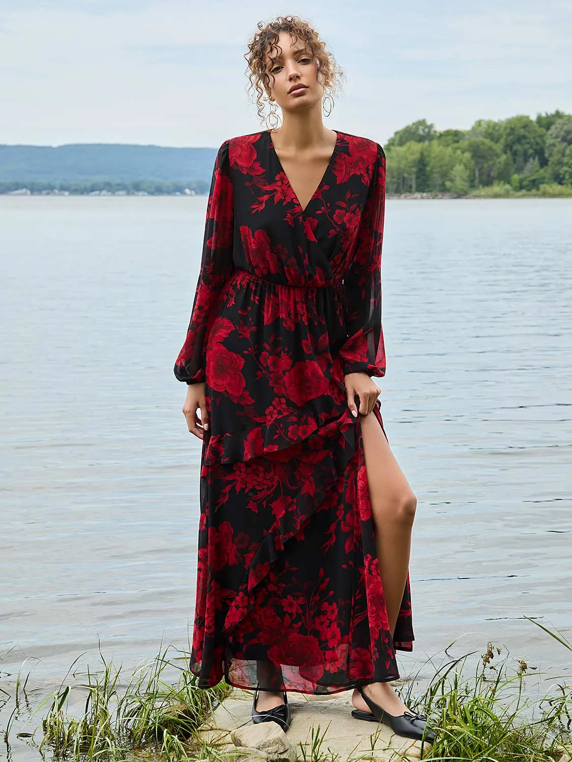 Chiffon Floral Print Ruffle Skirt Maxi Dress