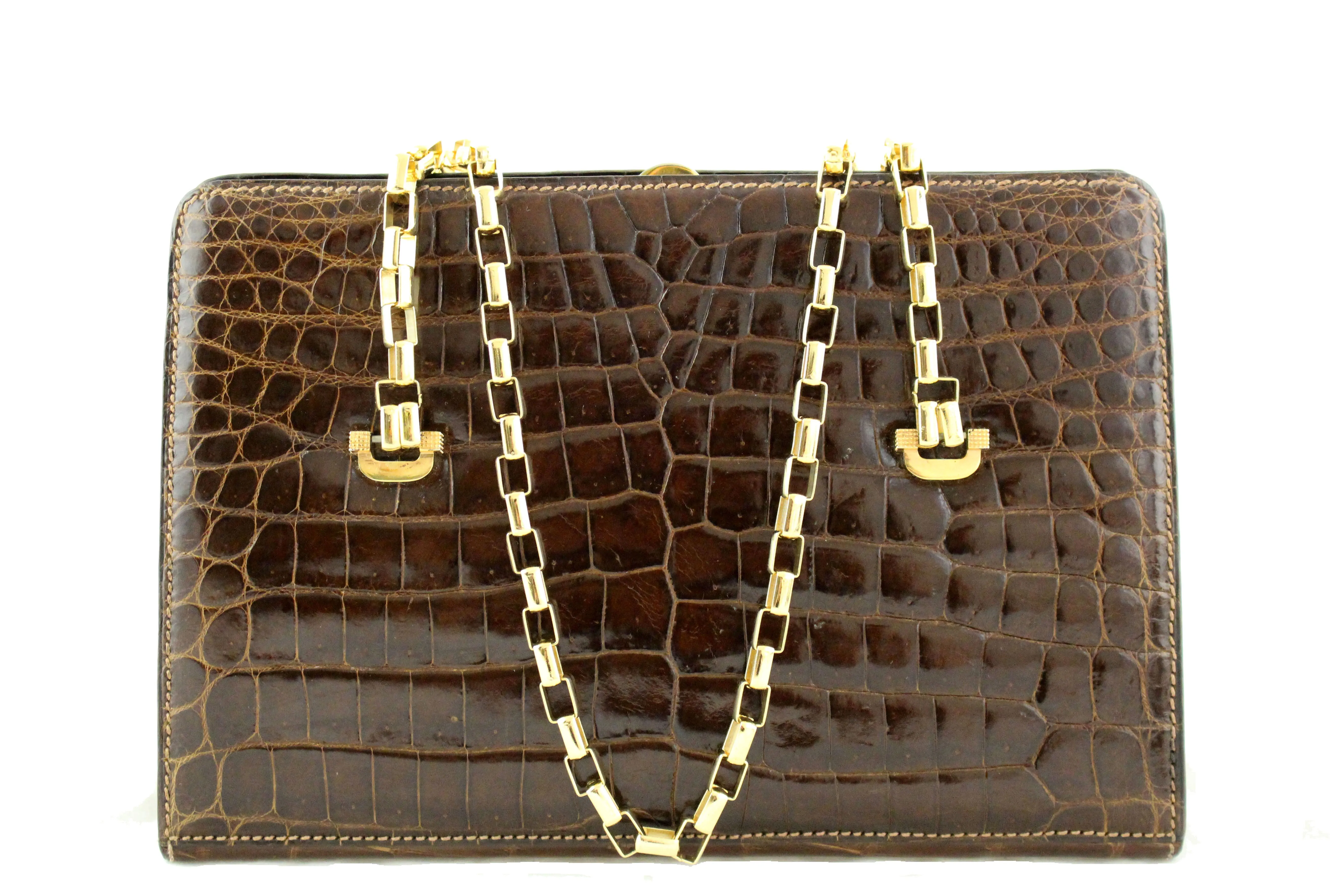 Chocolate brown baby crocodile skin handbag chain handle