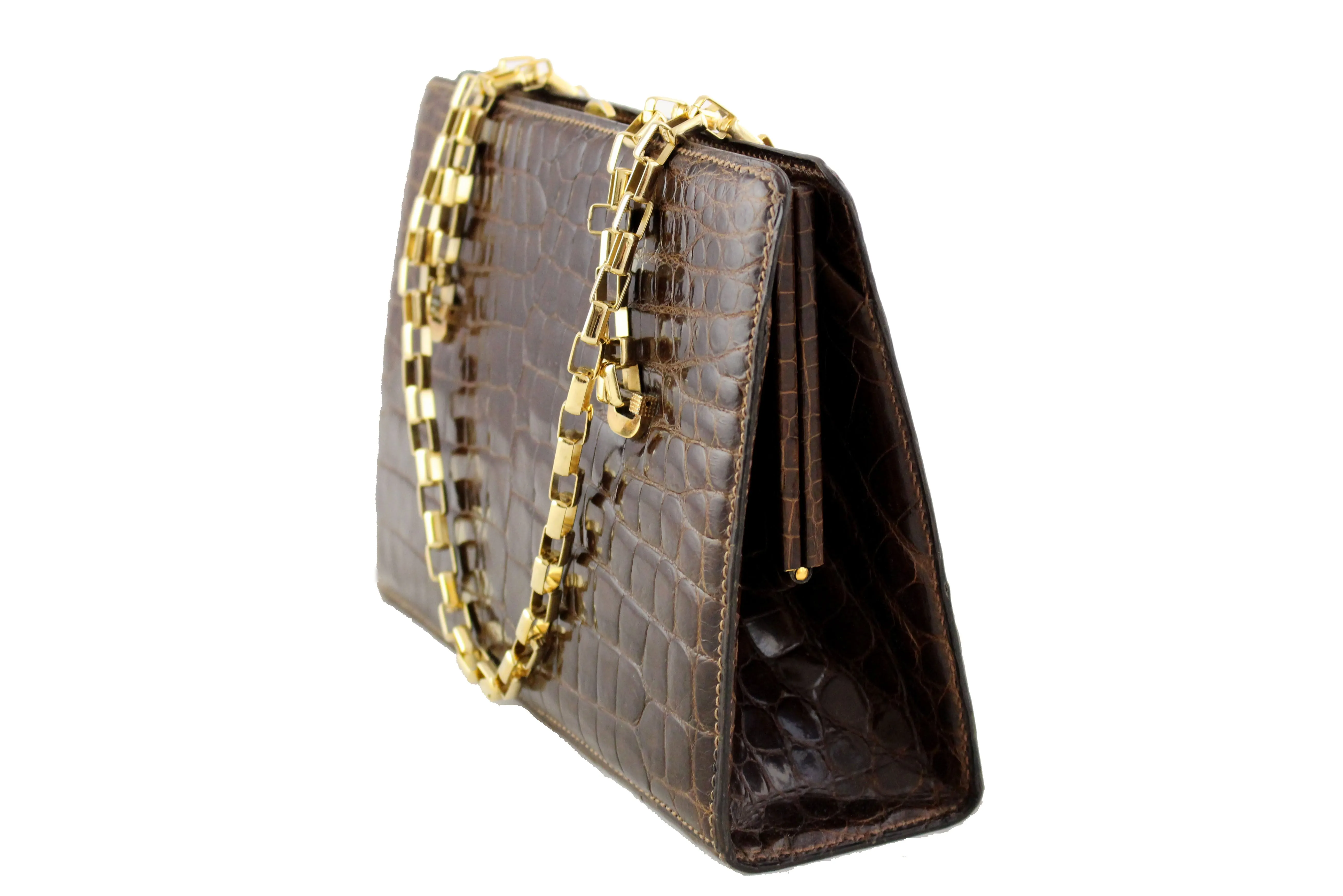 Chocolate brown baby crocodile skin handbag chain handle