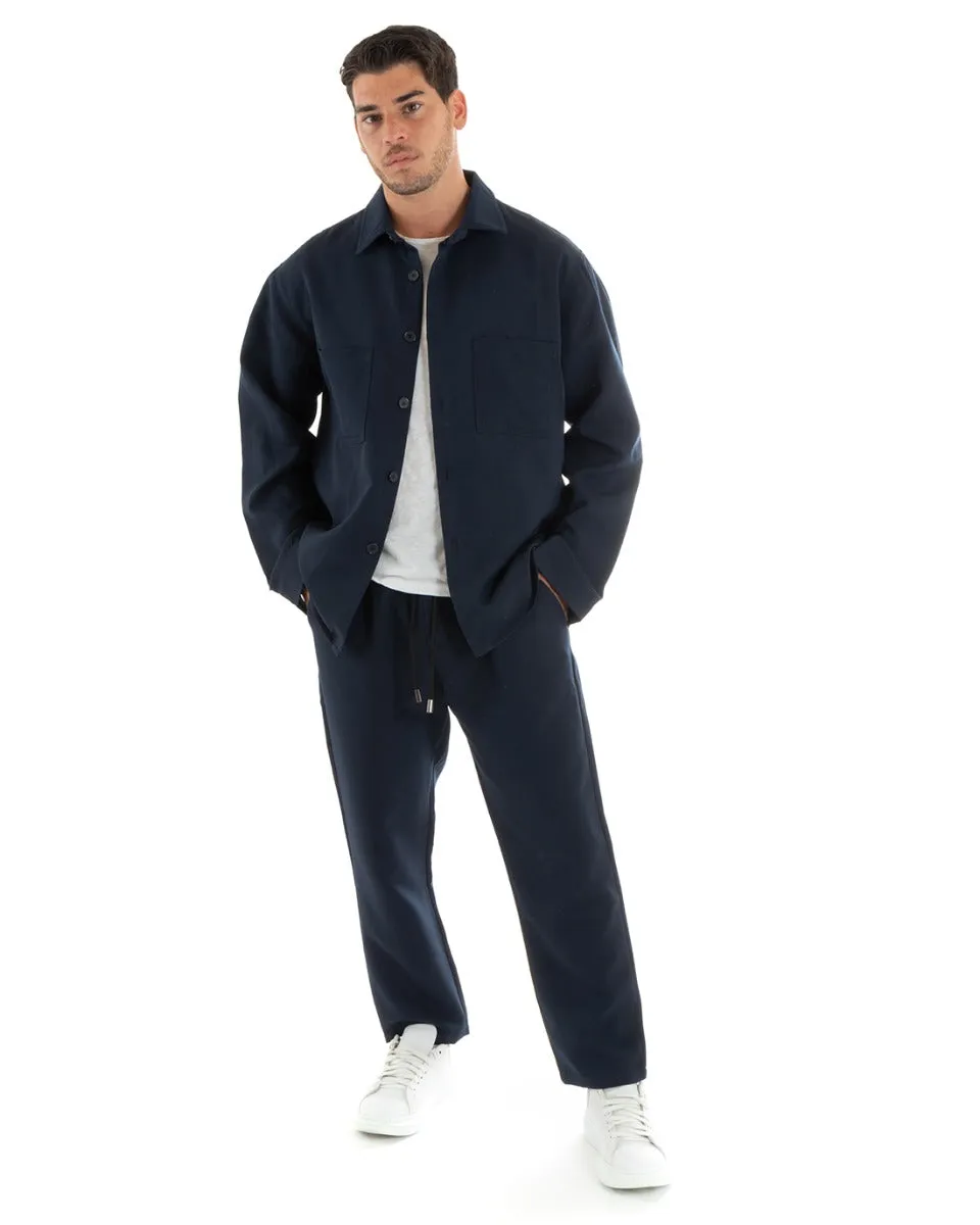 Completo Set Coordinato Uomo Viscosa Camicia Con Colletto Pantaloni Outfit Blu GIOSAL-OU2388A