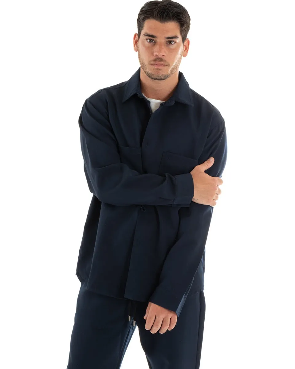 Completo Set Coordinato Uomo Viscosa Camicia Con Colletto Pantaloni Outfit Blu GIOSAL-OU2388A