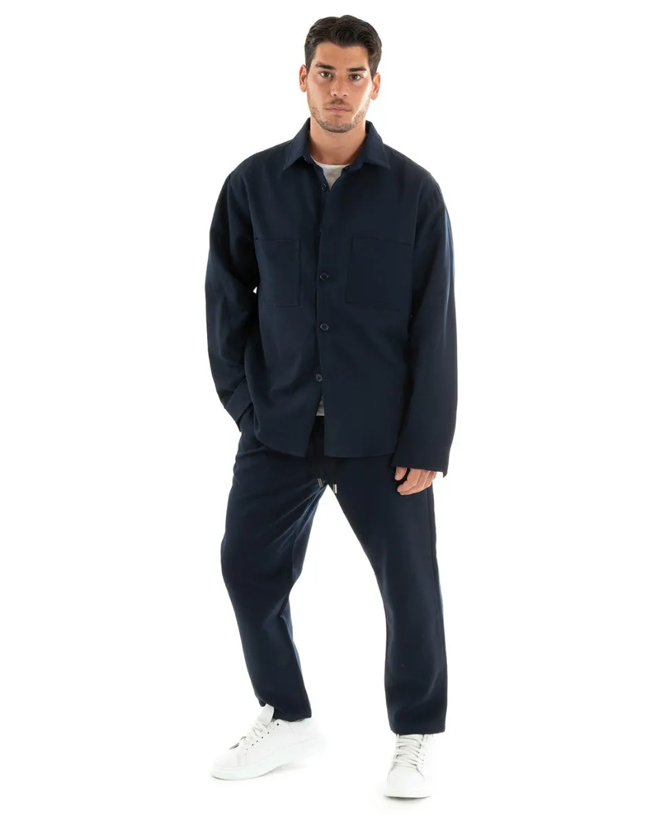 Completo Set Coordinato Uomo Viscosa Camicia Con Colletto Pantaloni Outfit Blu GIOSAL-OU2388A