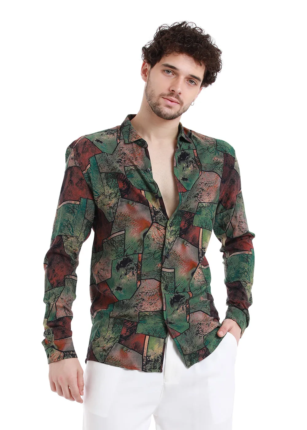 Copac Moss Green Printed Feather Shirt