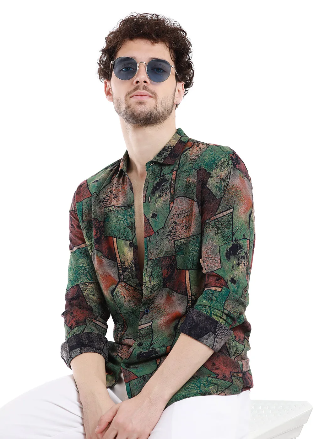 Copac Moss Green Printed Feather Shirt