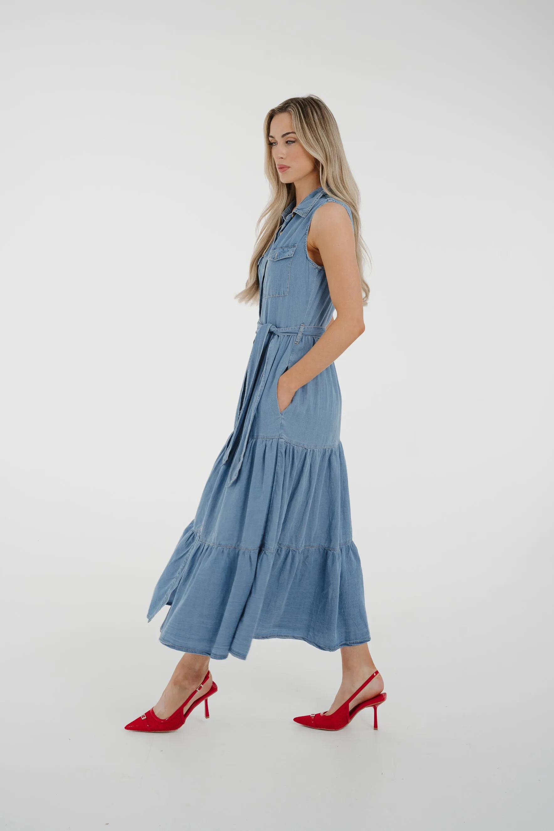 Cora Tiered Denim Dress In Light Wash