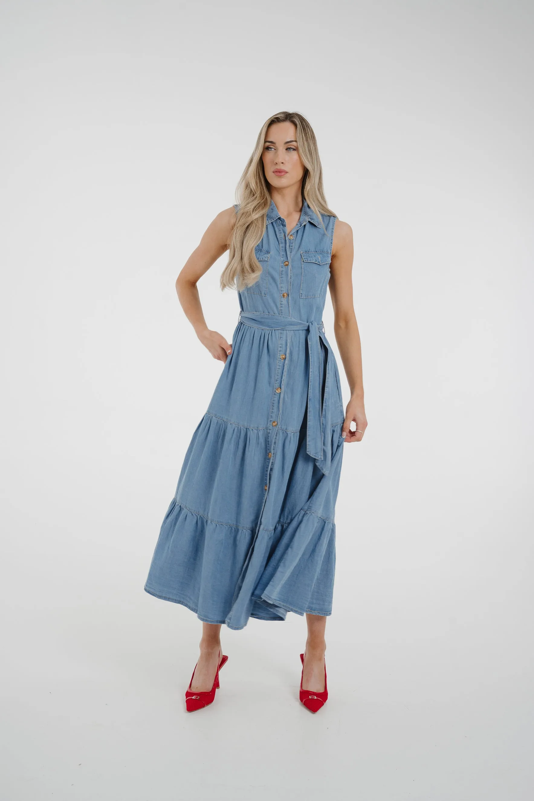 Cora Tiered Denim Dress In Light Wash