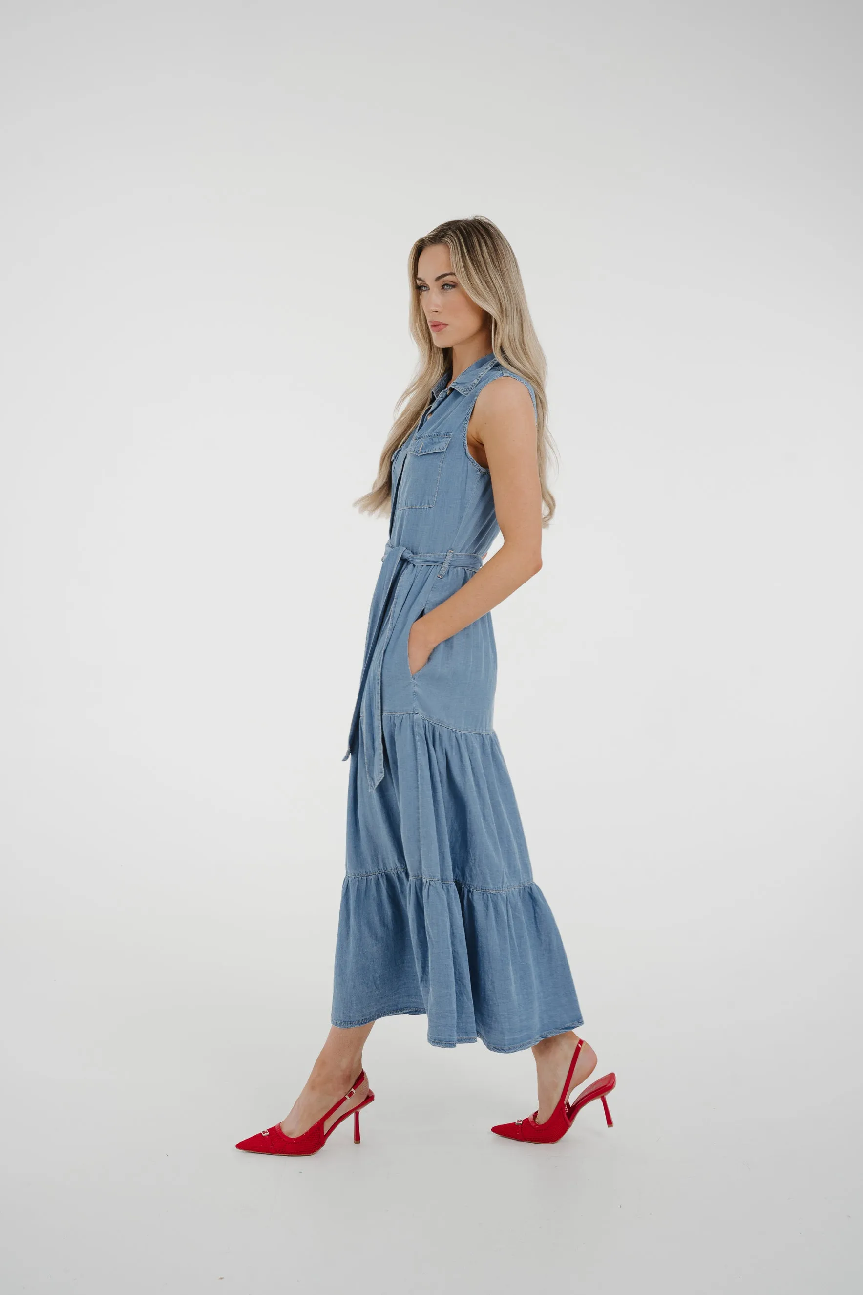 Cora Tiered Denim Dress In Light Wash