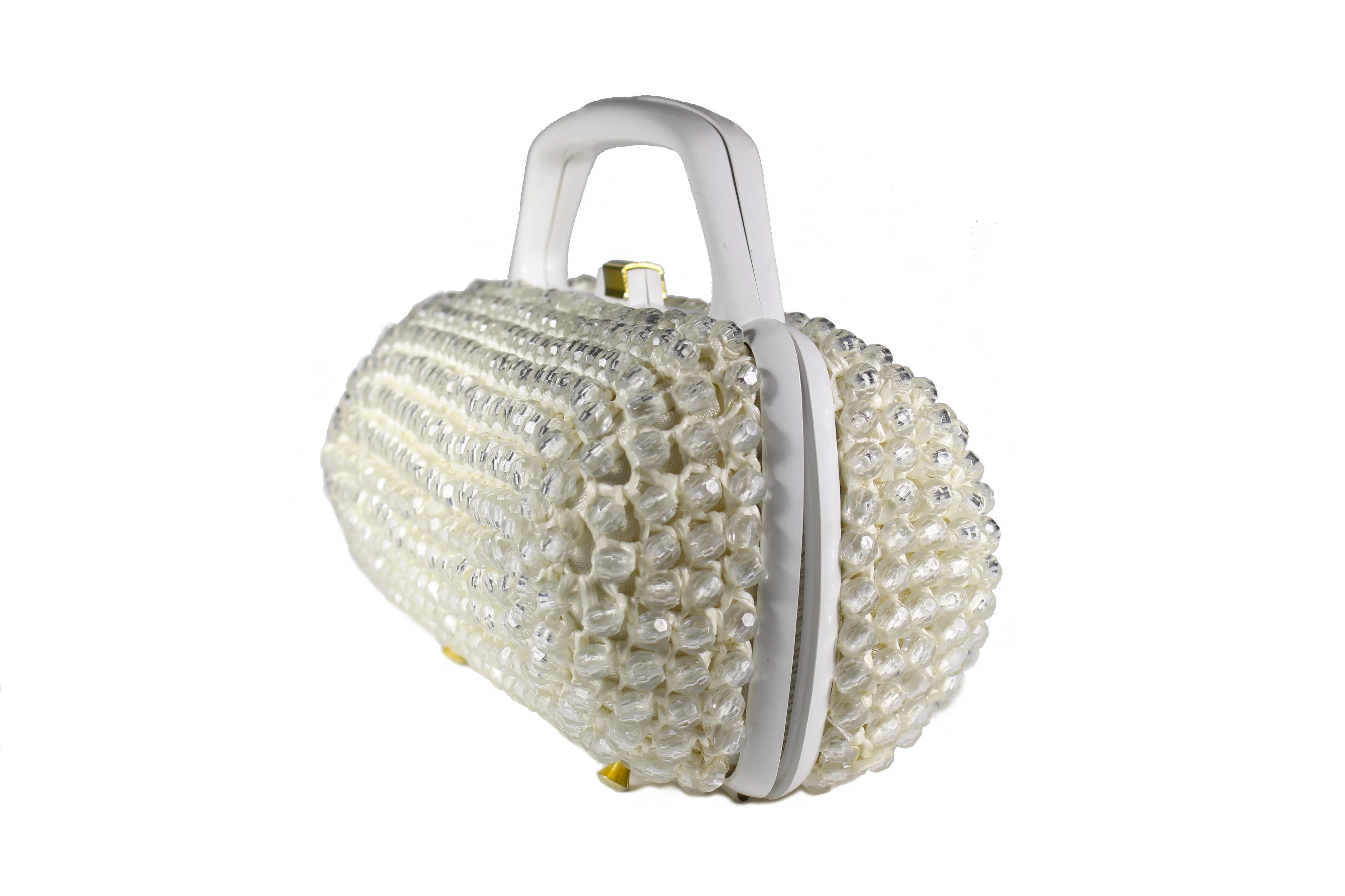 Cylindrical white beaded raffia handbag with clear beads