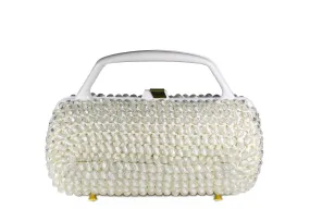 Cylindrical white beaded raffia handbag with clear beads