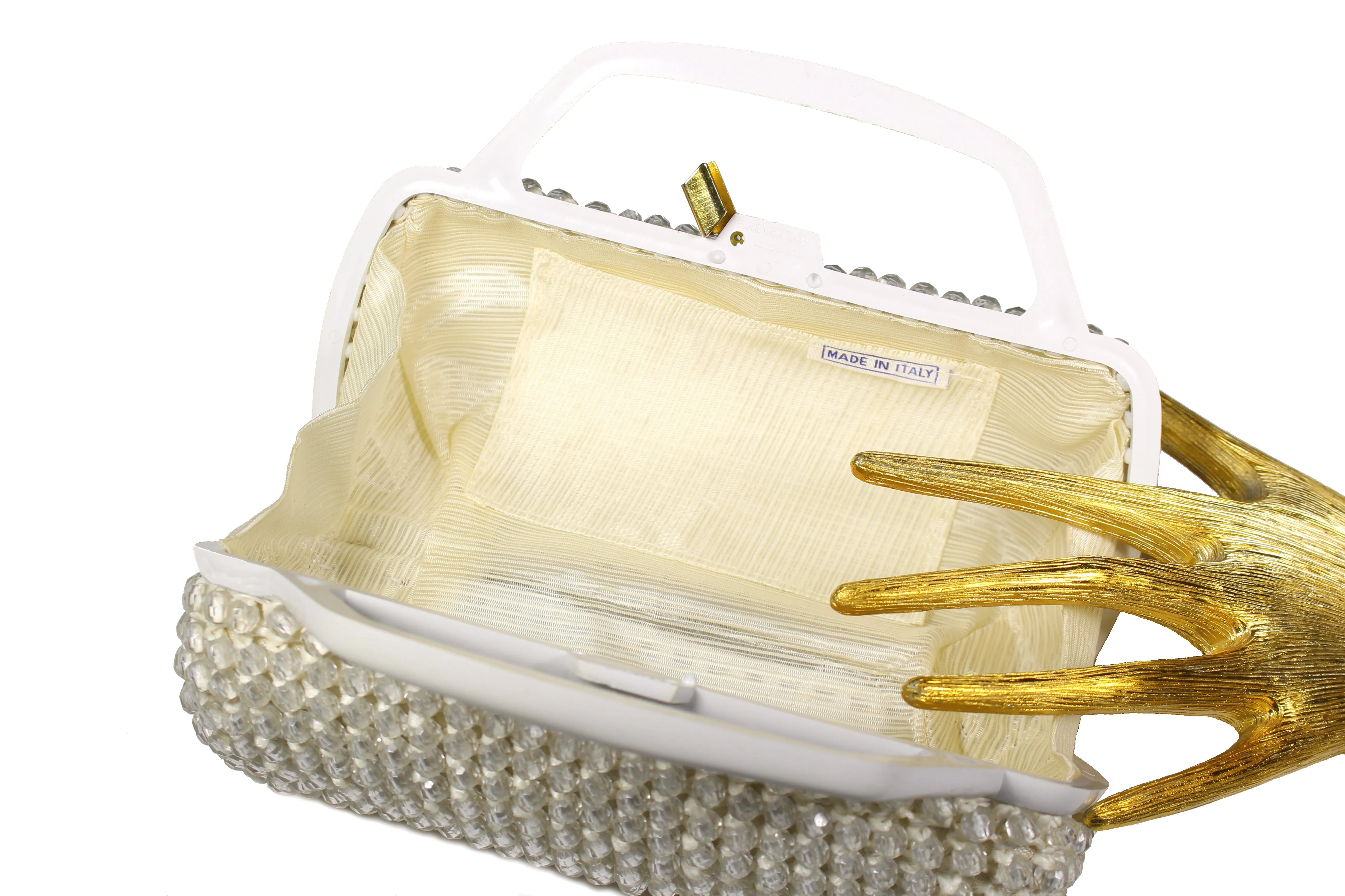 Cylindrical white beaded raffia handbag with clear beads