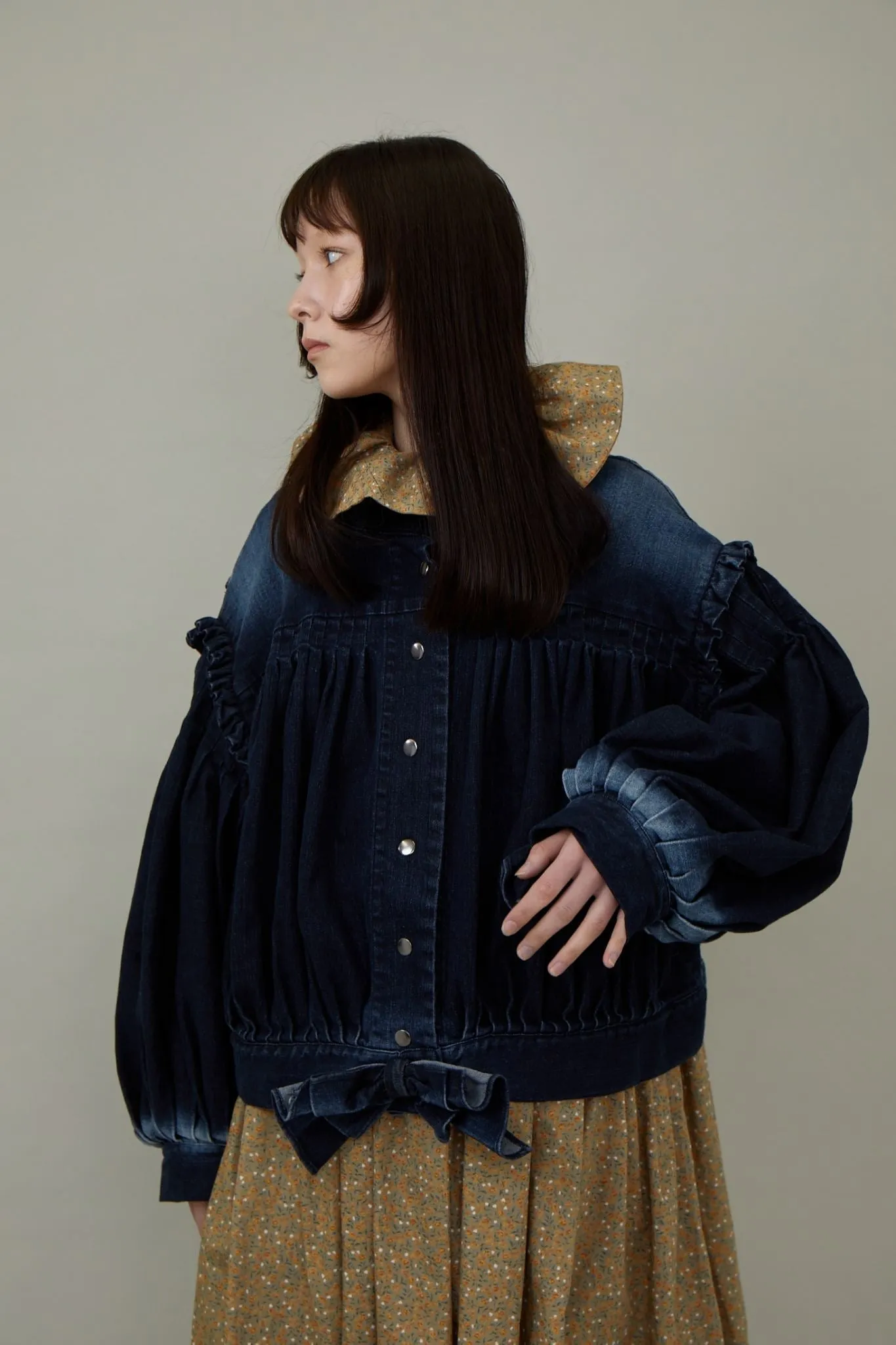 Denim Ruffled Blouson / Black