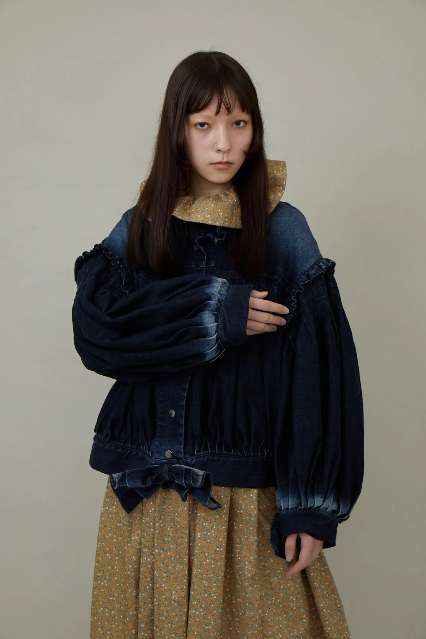 Denim Ruffled Blouson / Black