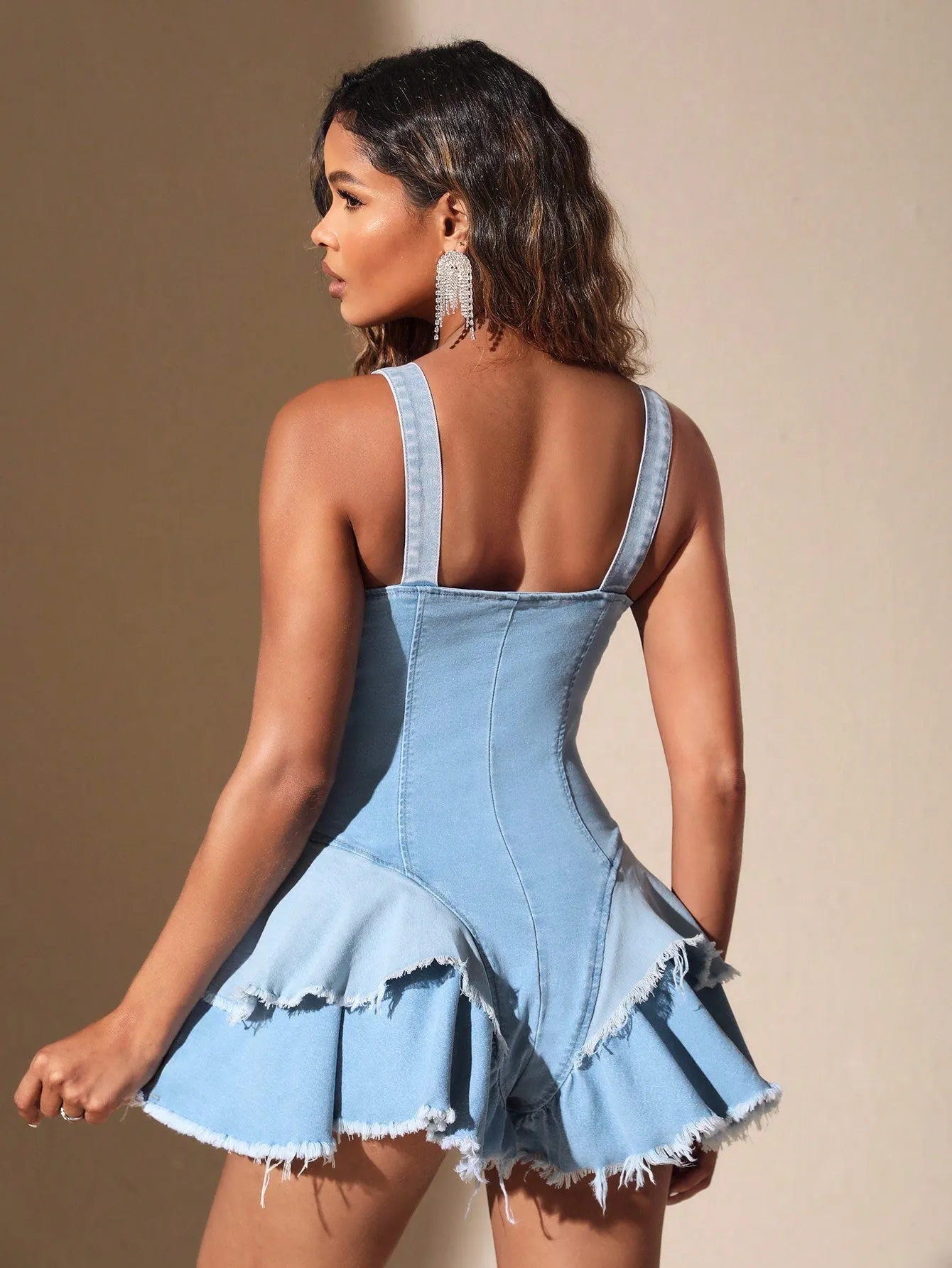 Denim Zip Up Ruffle Trim Overall Romper