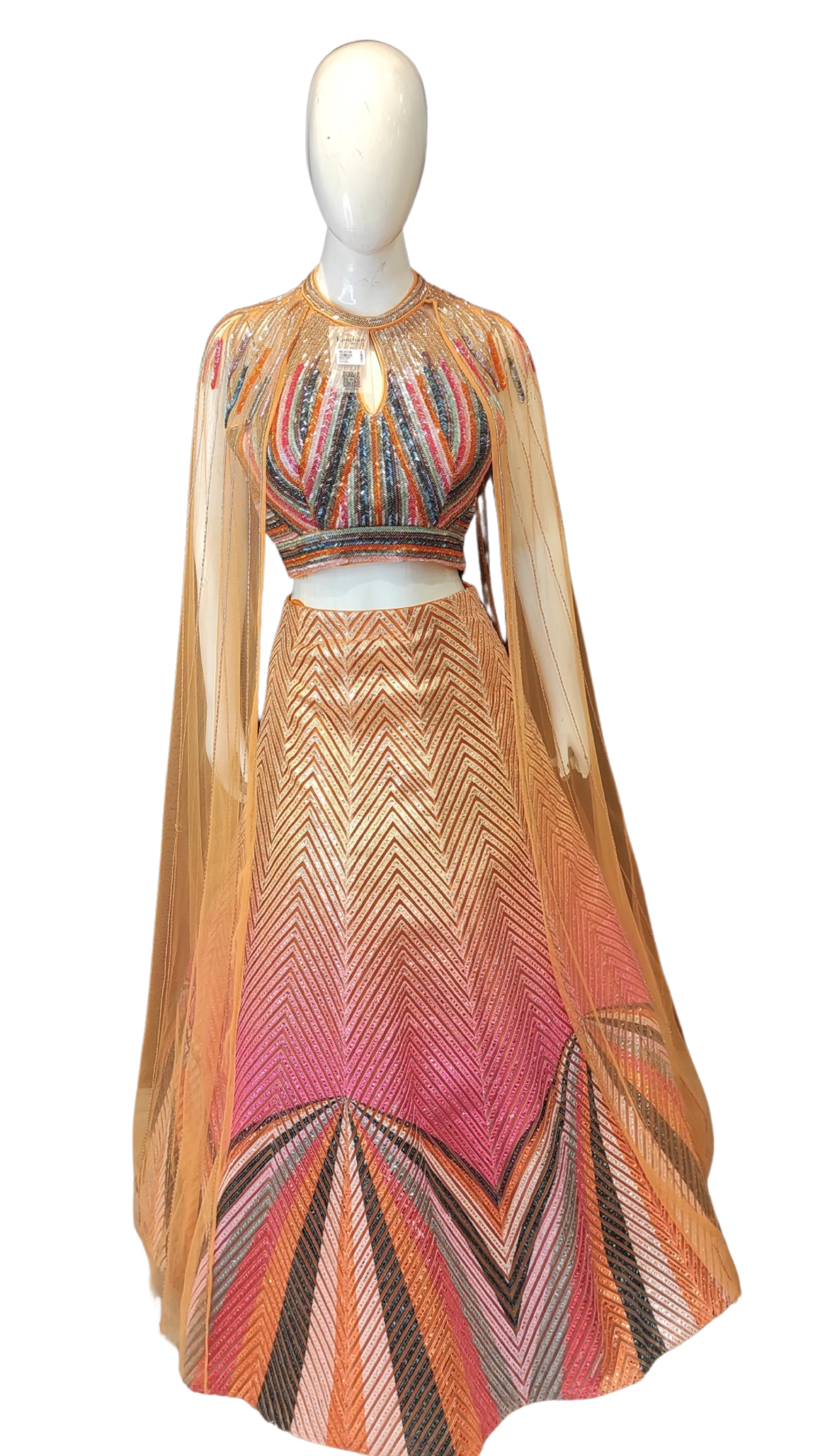 Designer Lehenga Choli and Cape with Leather Strip Work