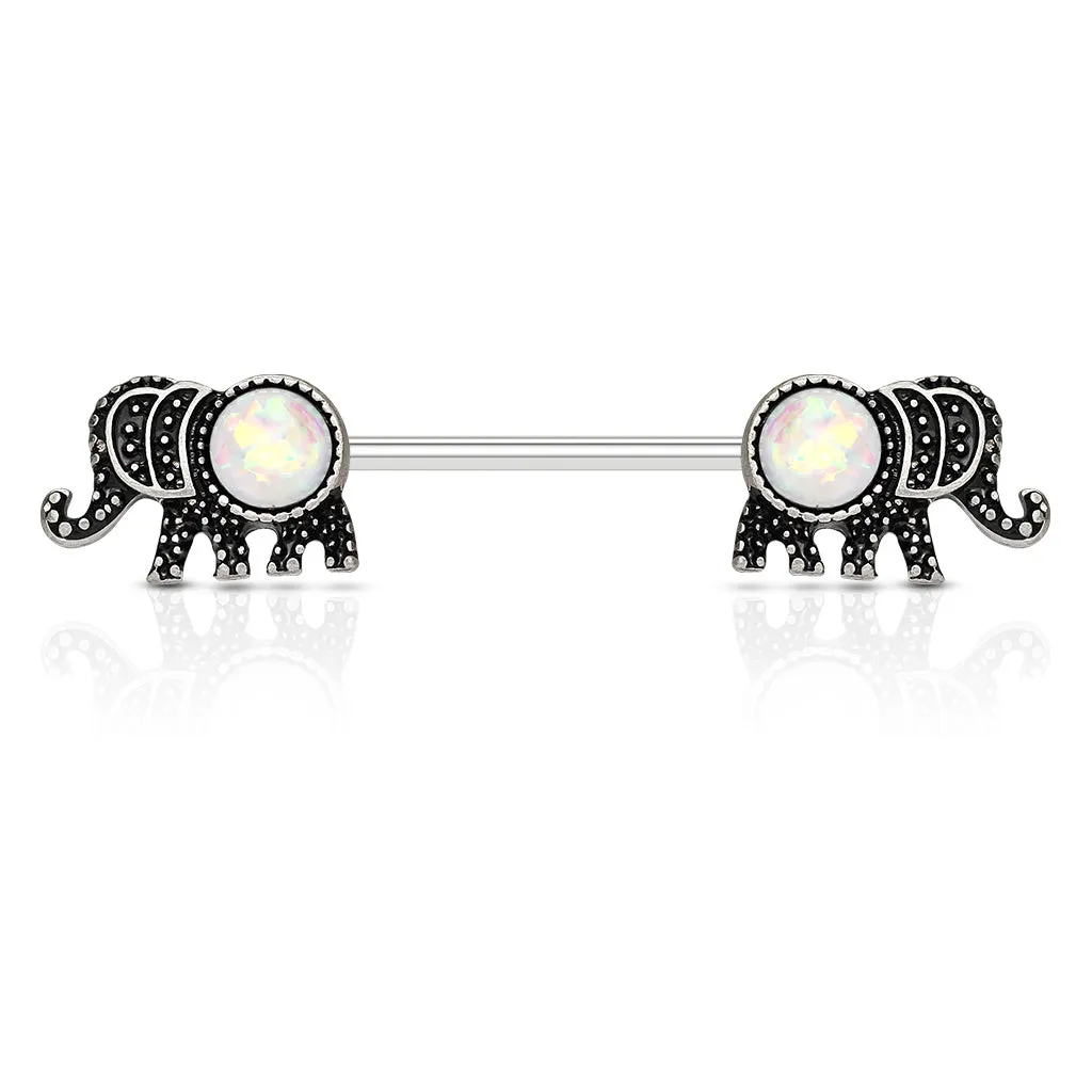 Elephant with Opal Glitter Set 316L Surgical Steel Nipple Barbell