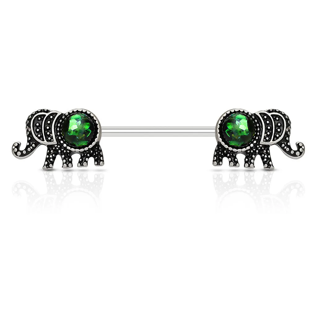 Elephant with Opal Glitter Set 316L Surgical Steel Nipple Barbell