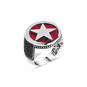 Enameled Circle Moon and Star Symbol Silver Man Ring Siding Zircons in Epaulet Shape