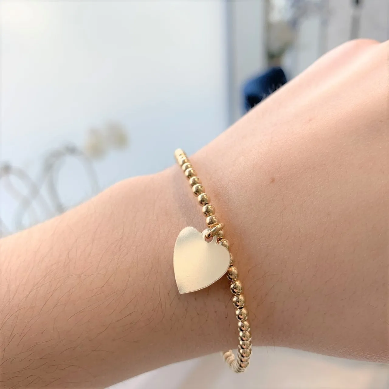 Engravable Heart -  14k Yellow Gold filled with Sterling Silver Stretch Bracelet