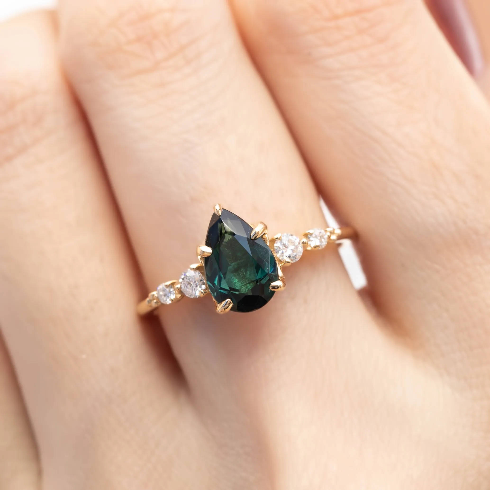 Estel Luxe Ring 1.43ct Peacock Green Pear Tourmaline, 14K Yellow Gold (One of a kind)