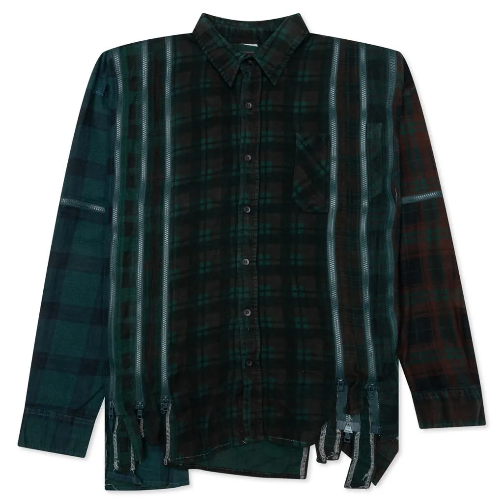 Flannel Shirt 7 Cuts Zipped Wide Shirt Over Dye - Green