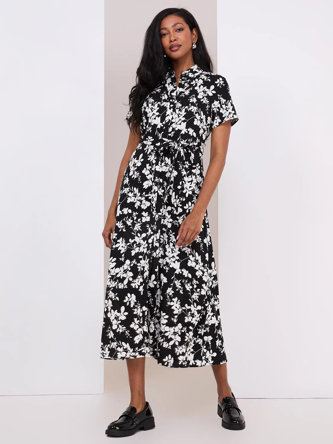 Floral Print Button-Front Midi Shirtdress