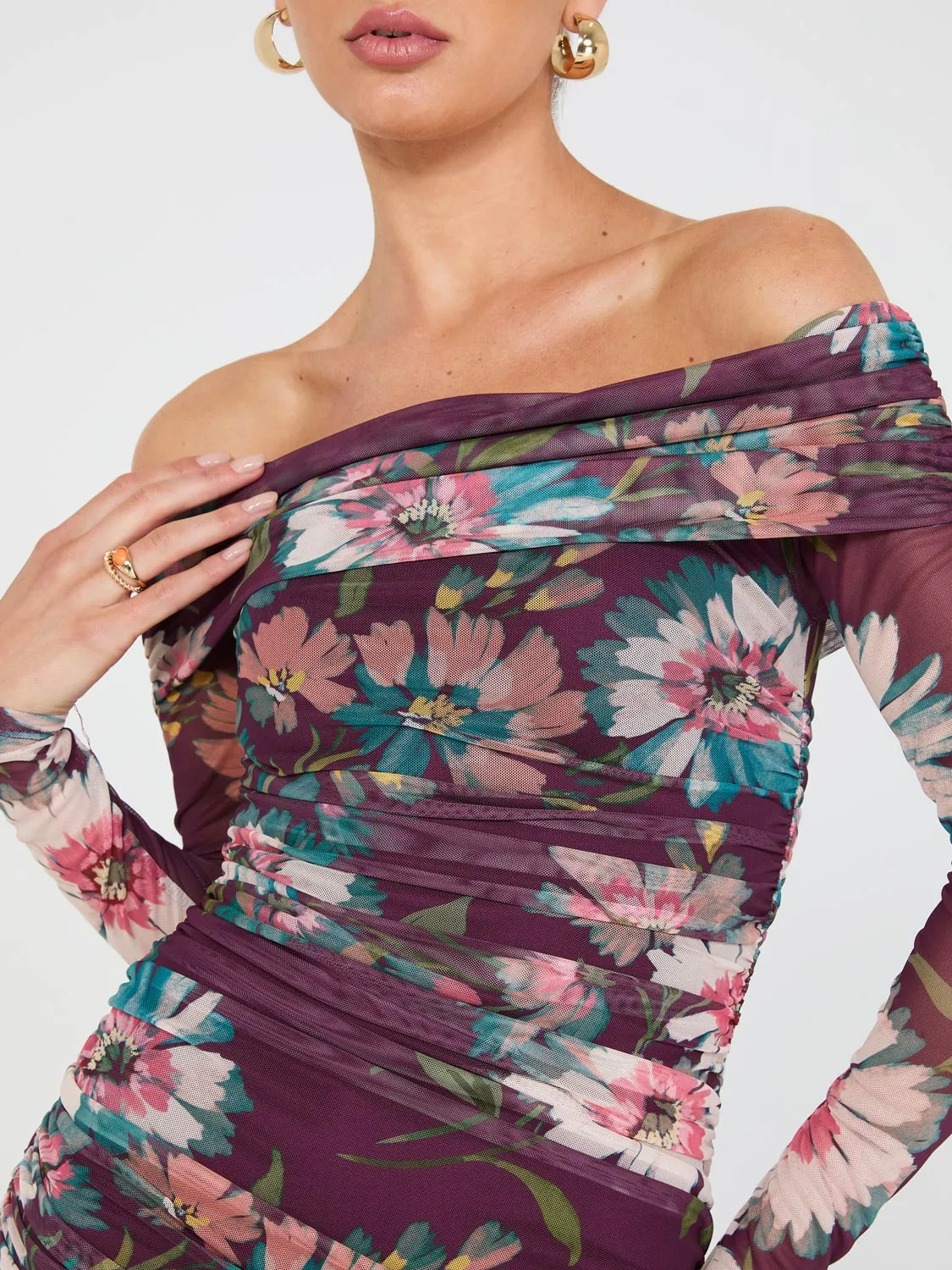 Floral Print Off-The-Shoulder Mesh Dress