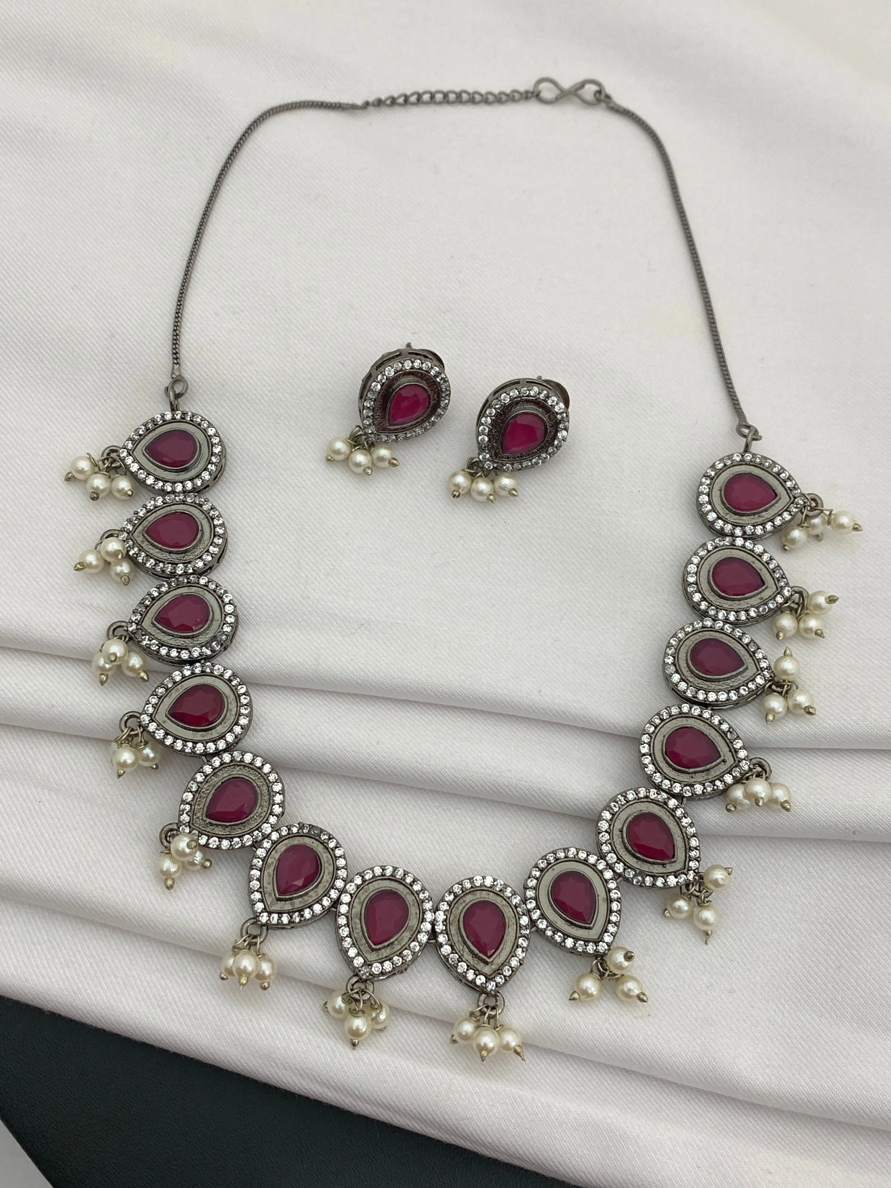 Gorgeous Ruby Stone Pearl Beaded Oxidized Silver Necklace Set With Earrings