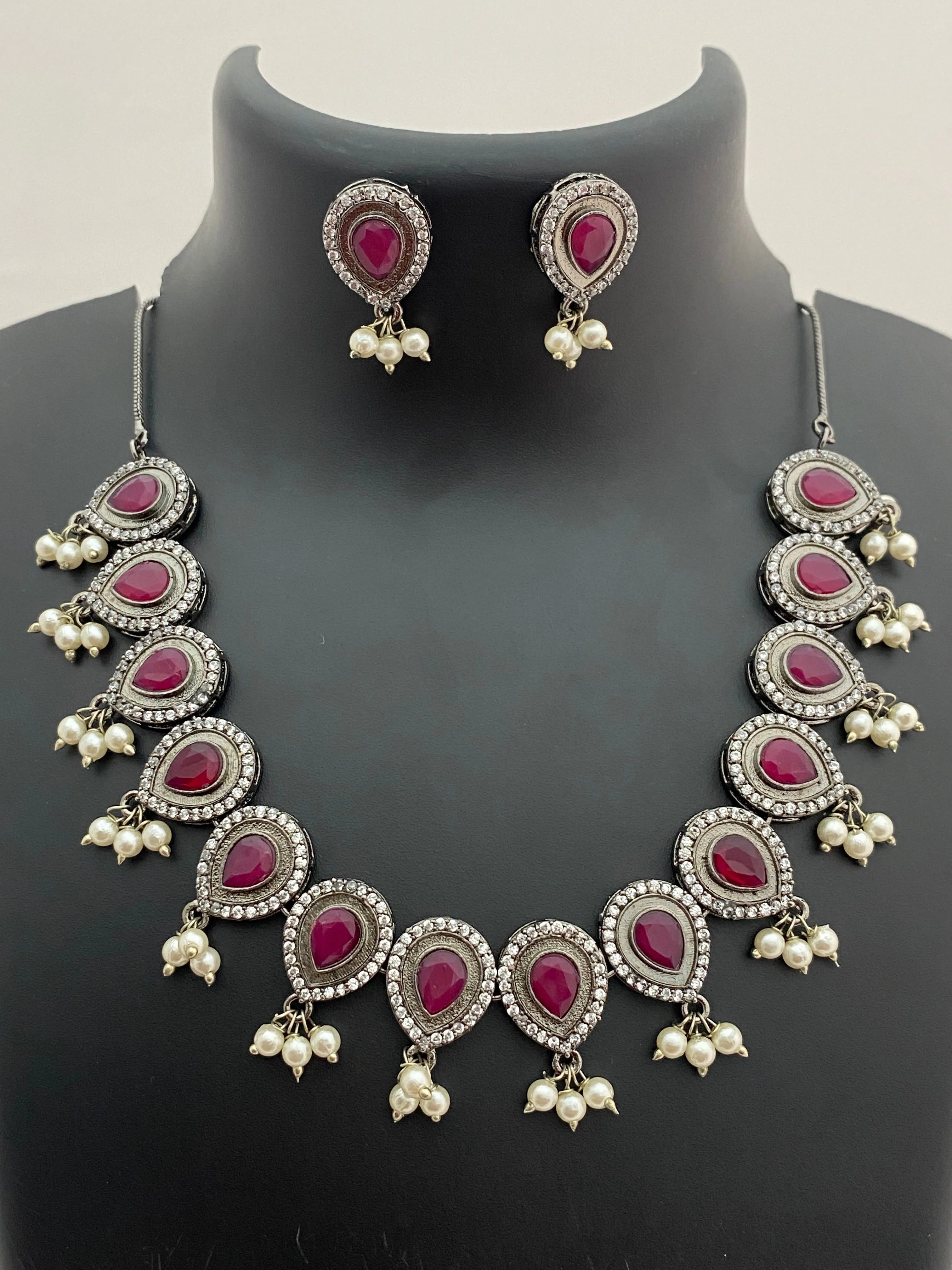 Gorgeous Ruby Stone Pearl Beaded Oxidized Silver Necklace Set With Earrings