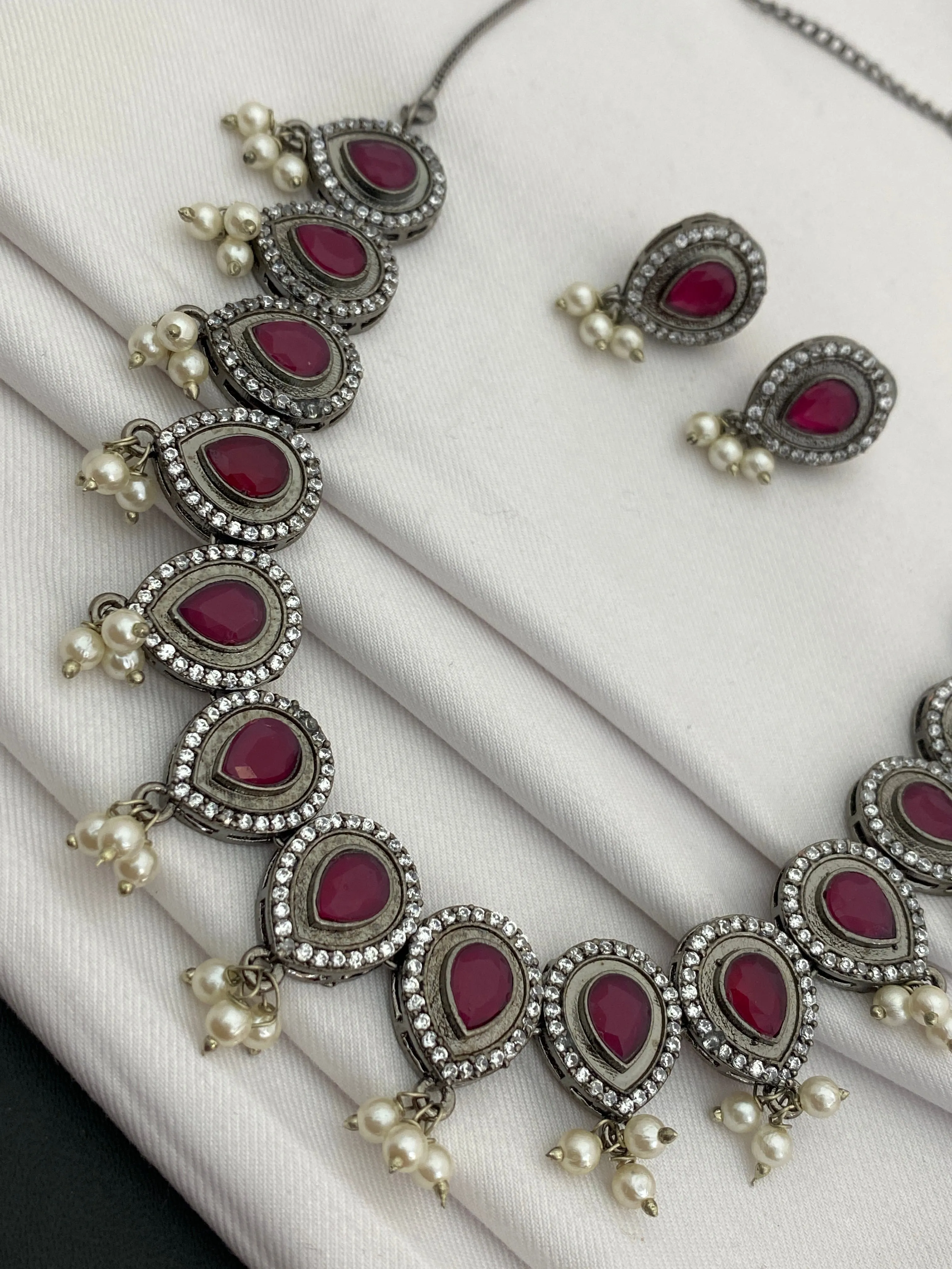 Gorgeous Ruby Stone Pearl Beaded Oxidized Silver Necklace Set With Earrings