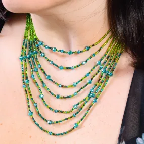 Hand Beaded Necklace - Shimmering Green and Blue