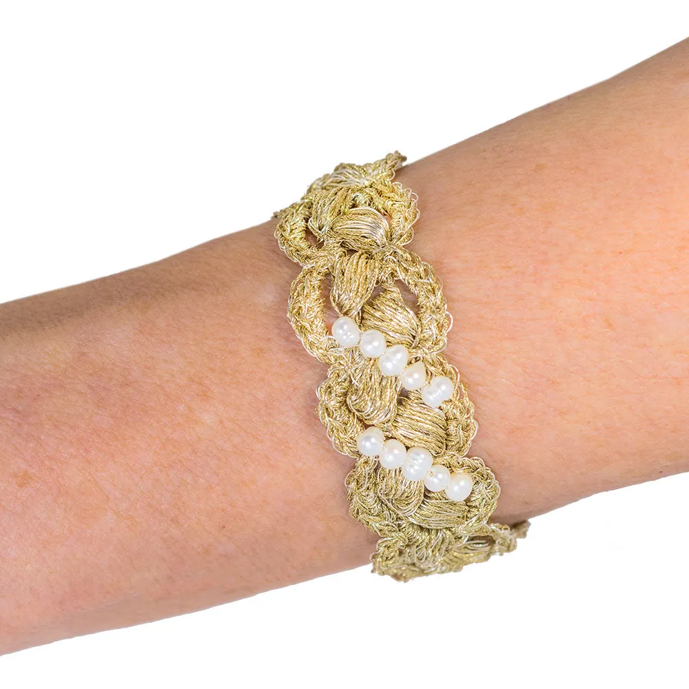 Handmade Gold Plated Crochet Bracelet Braid with Pearls