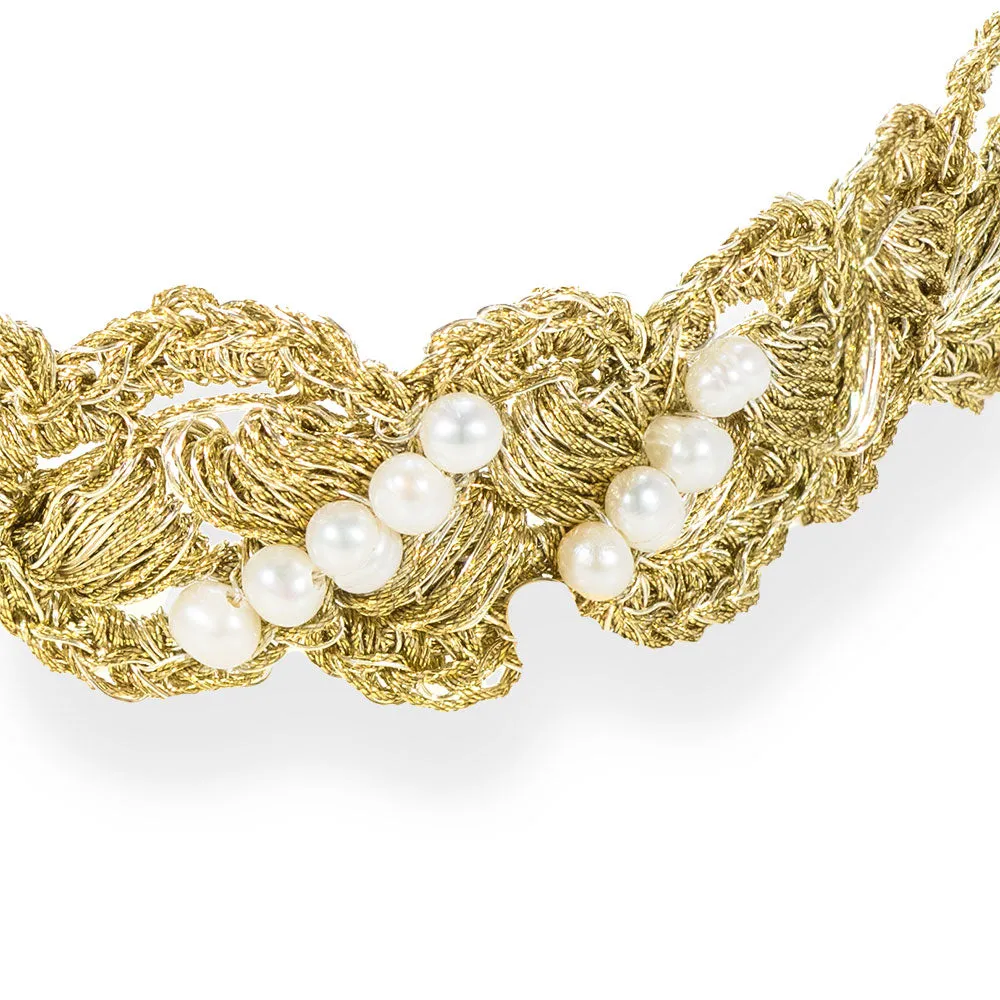 Handmade Gold Plated Crochet Bracelet Braid with Pearls