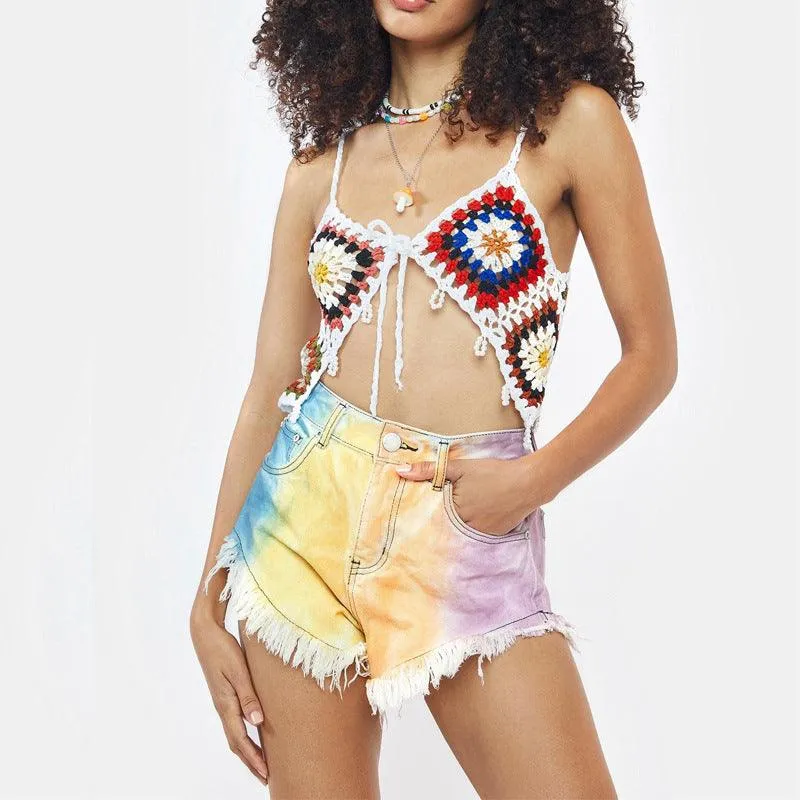 High Waist Fringed Color Tie Dye Denim Shorts