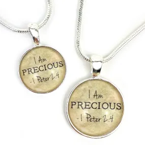 I AM Precious, 1 Peter 2:4 – Christian Affirmations Scripture Pendant Necklace (2 Sizes) – Jewelry Set