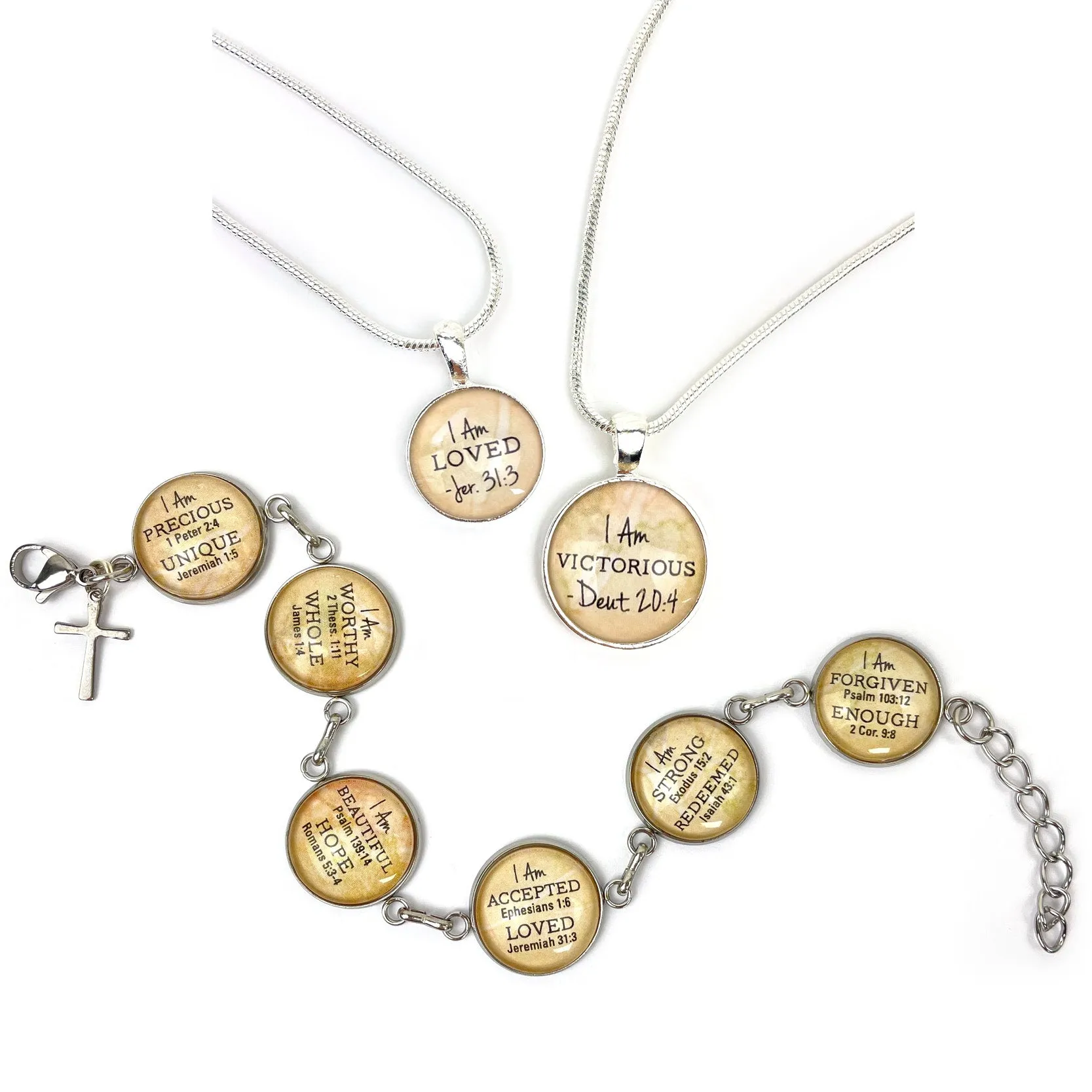 I AM Precious, 1 Peter 2:4 – Christian Affirmations Scripture Pendant Necklace (2 Sizes) – Jewelry Set