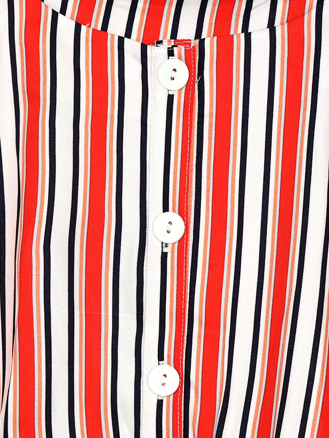 Ishin Girls Rayon White & Red Striped Cold Shoulder Top