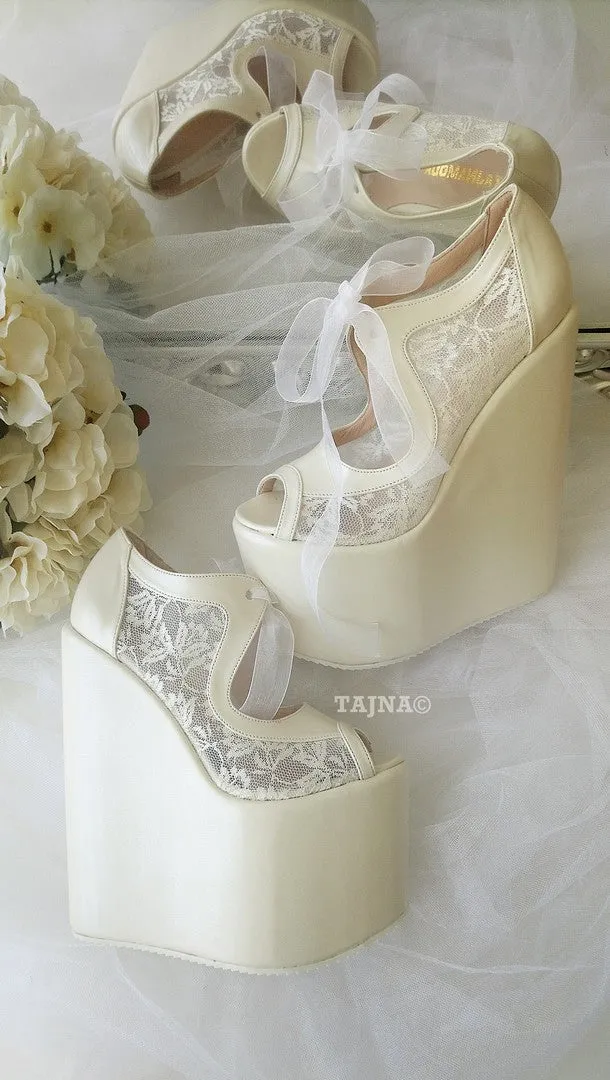 Ivory Lace 18-22 cm Super High Heel Wedding Shoes Wedges