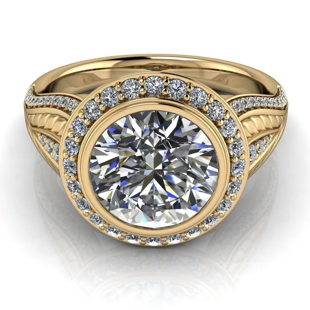 Jessica Round 7mm or 1.25 Cts. DEW Center Stone Bezel Set Halo Diamond Etched Design Cobra 18K Yellow Gold Ring