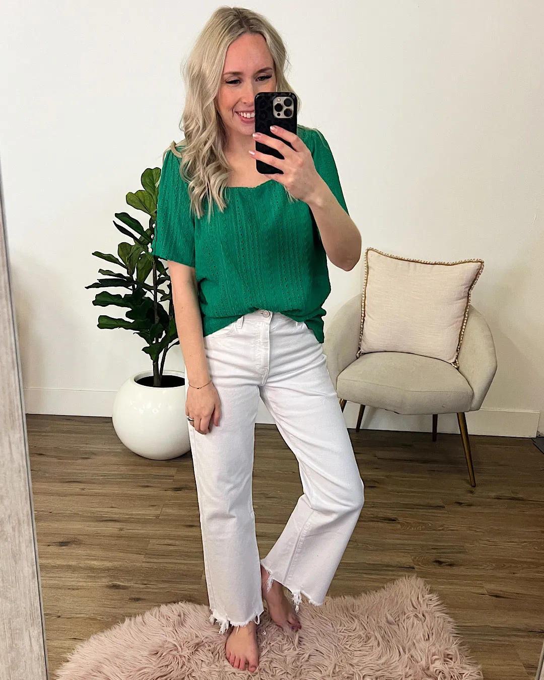 Kylee Textured Square Neck Top - Kelly Green