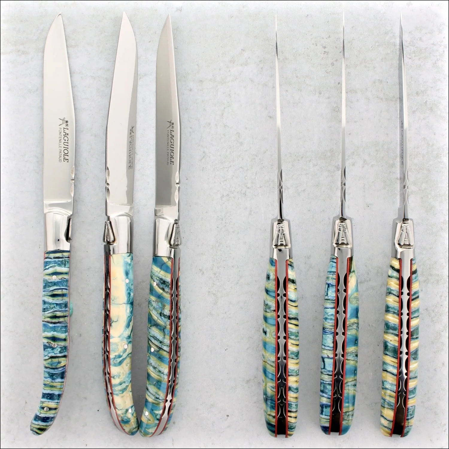 Laguiole Forged Steak Knives Fossilized Woolly Mammoth Tooth - Set of 6 - Turquoise & Cream