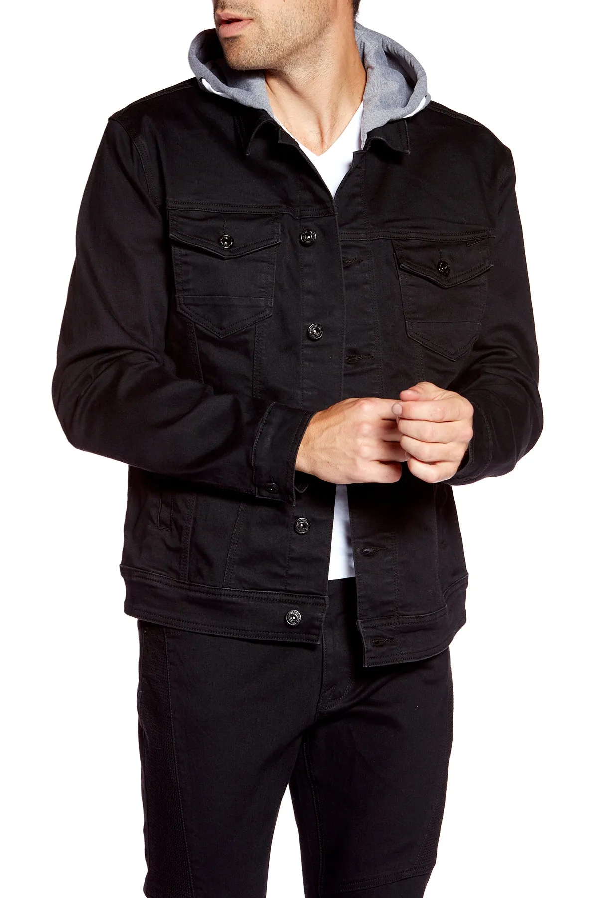 Men's Denim Jacket With Built-In Hood - Black