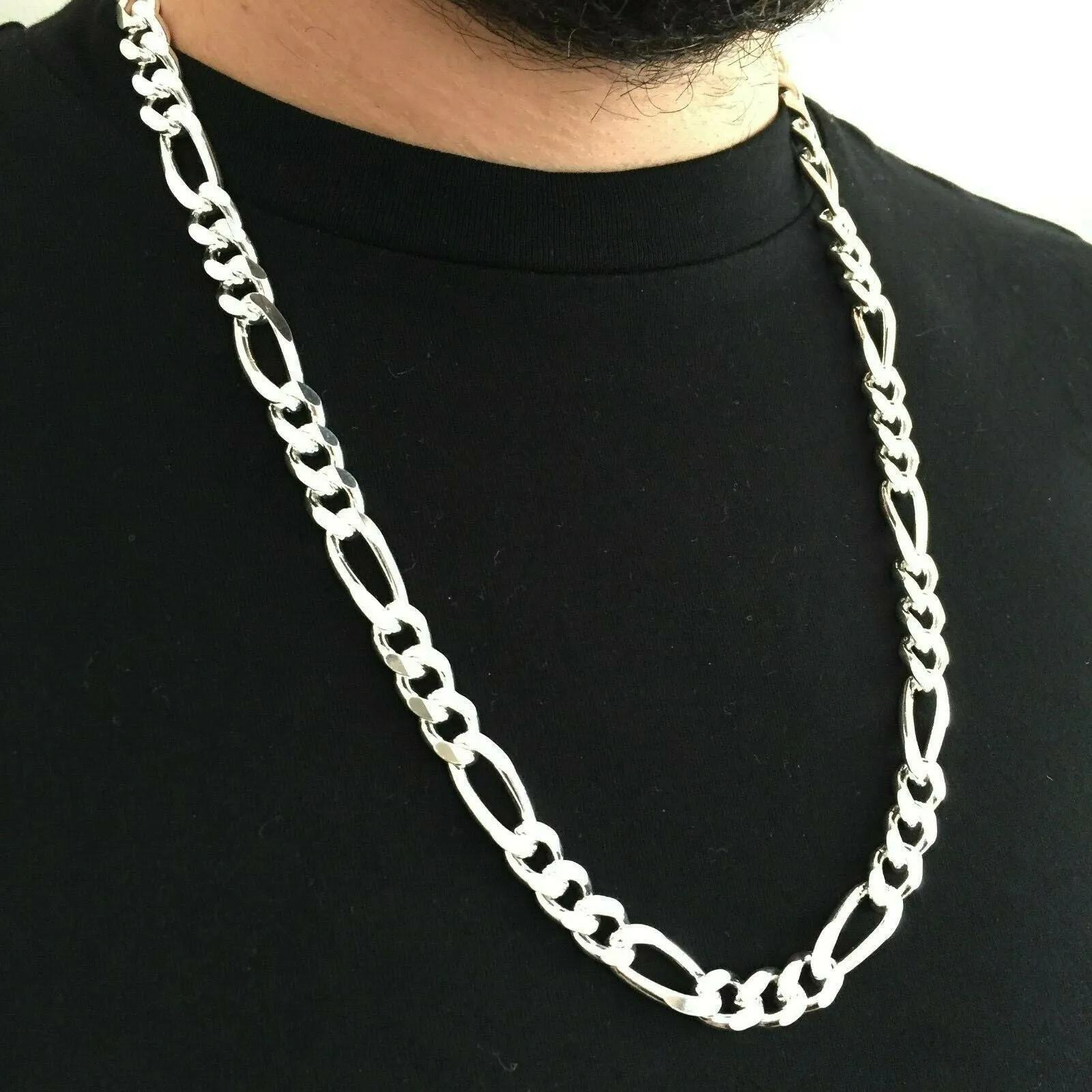 Mens Figaro Link Chain Necklace 11mm 133 grams 28 inch 925 Sterling Silver