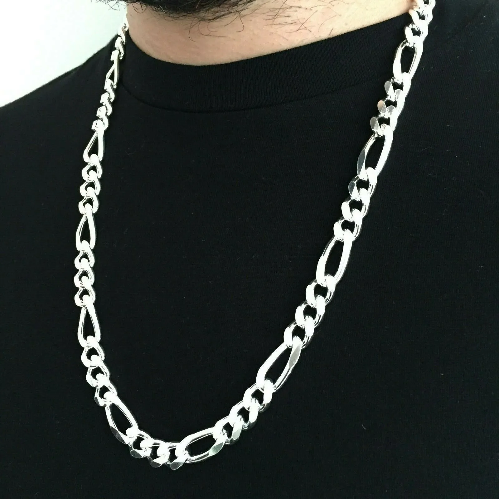 Mens Figaro Link Chain Necklace 11mm 133 grams 28 inch 925 Sterling Silver