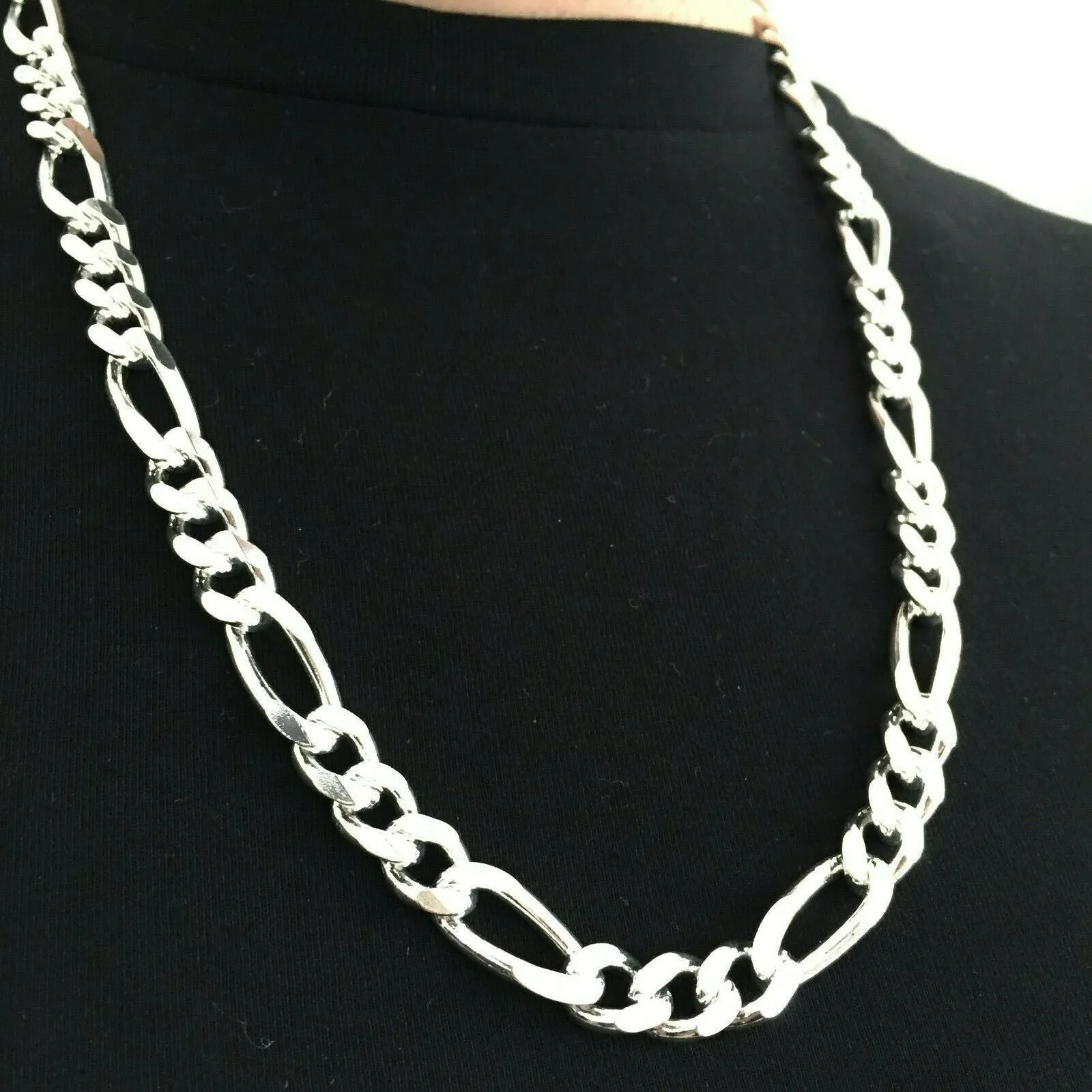 Mens Figaro Link Chain Necklace 11mm 133 grams 28 inch 925 Sterling Silver