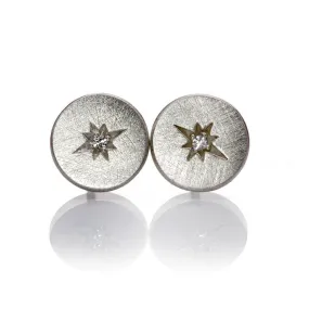 Moissanite Star Set Round Sterling Silver Disk Stud Earrings, Ready to Ship