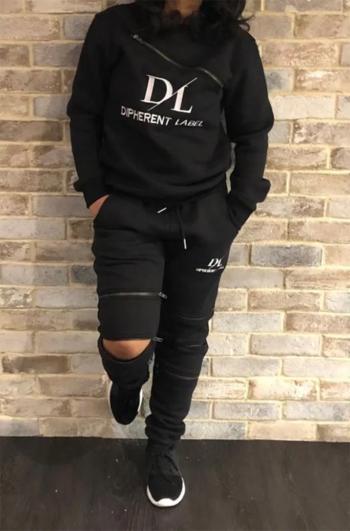 Multi Zipper Pullover Sweatsuit - Black