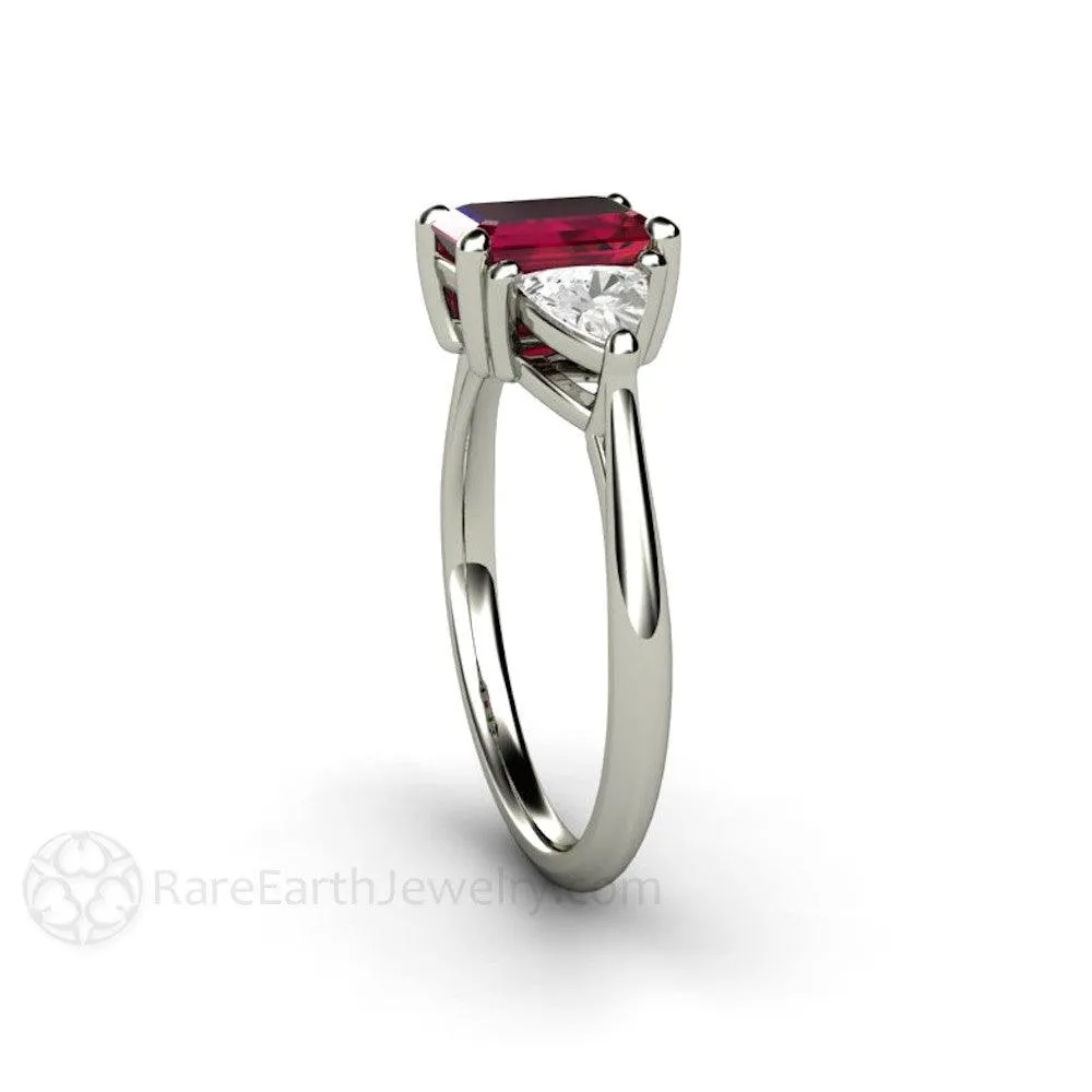 Natural Ruby Engagement Ring Emerald Cut 3 Stone with Diamond Trillions